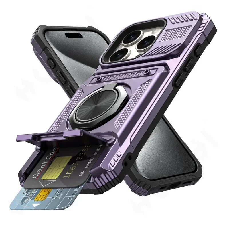 Heavy Duty Drop Protection Wallet Case With  Magnetic Rotated Ring For IPhone