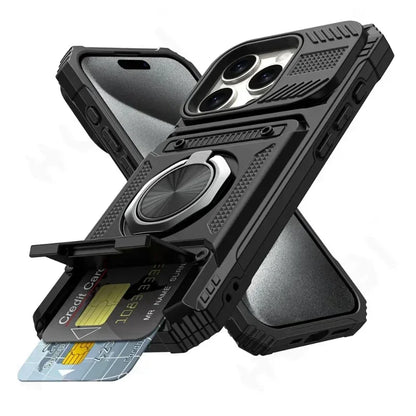 Heavy Duty Drop Protection Wallet Case With  Magnetic Rotated Ring For IPhone