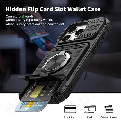 Heavy Duty Drop Protection Wallet Case With  Magnetic Rotated Ring For IPhone