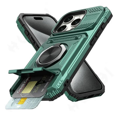 Heavy Duty Drop Protection Wallet Case With  Magnetic Rotated Ring For IPhone