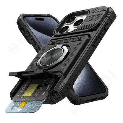 Heavy Duty Drop Protection Wallet Case With  Magnetic Rotated Ring For IPhone